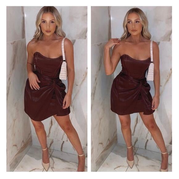 Zara Dresses & Skirts - Zara Brown TopStitch Strapless Satin Draped Mini Dress Size Large Corset Bustier